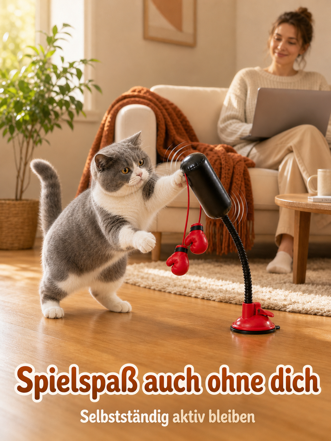 Cat playing with PawPunch interactive cat boxing toy at home