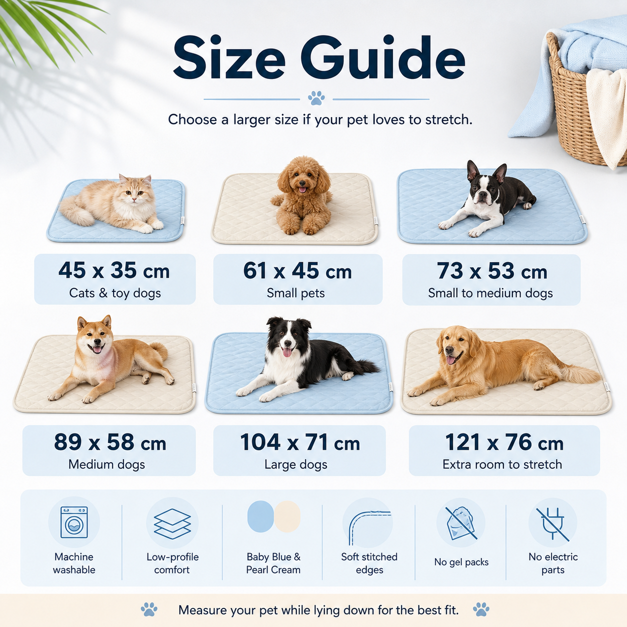 CoolRest pet cooling mat size guide with six centimeter sizes