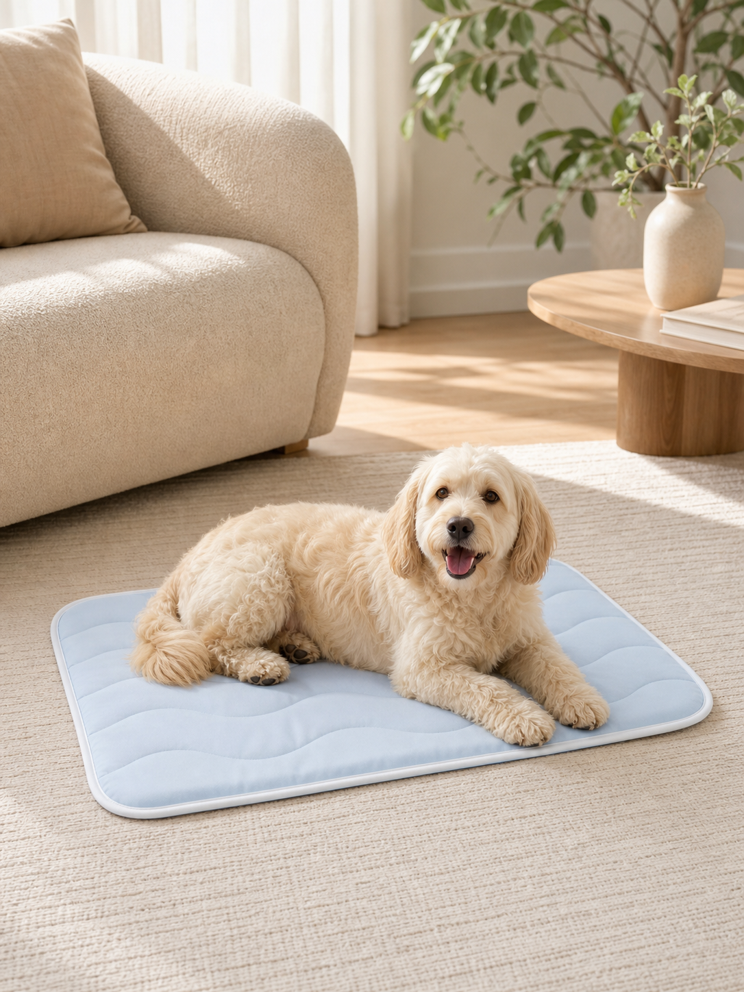 CoolRest pale blue washable pet cooling mat in a warm home lounge