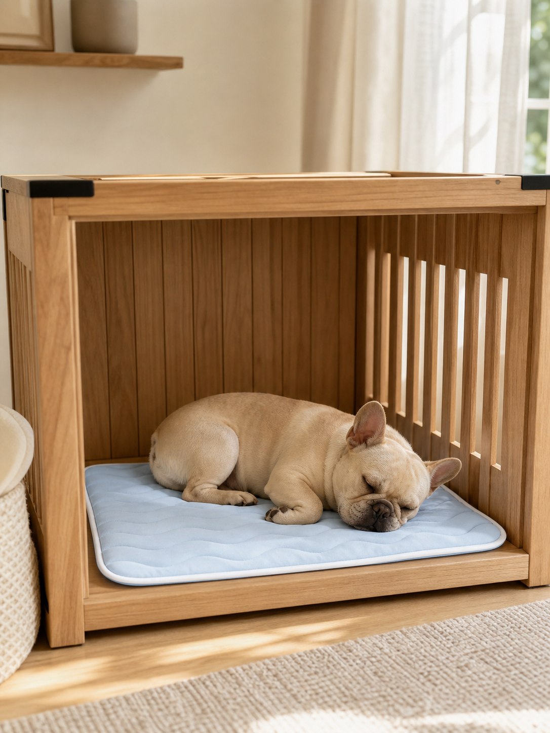 CoolRest pale blue cooling mat inside a light oak dog crate
