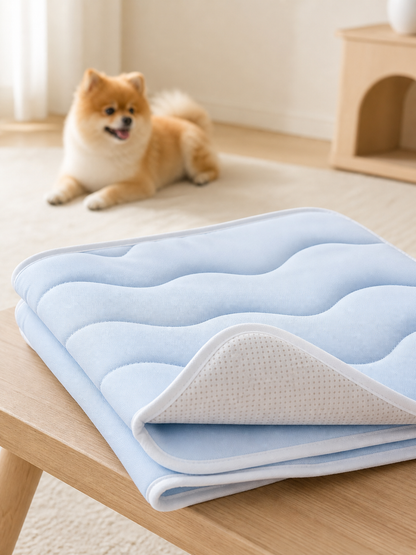 CoolRest wave-quilted cooling mat with white piping and non-slip underside