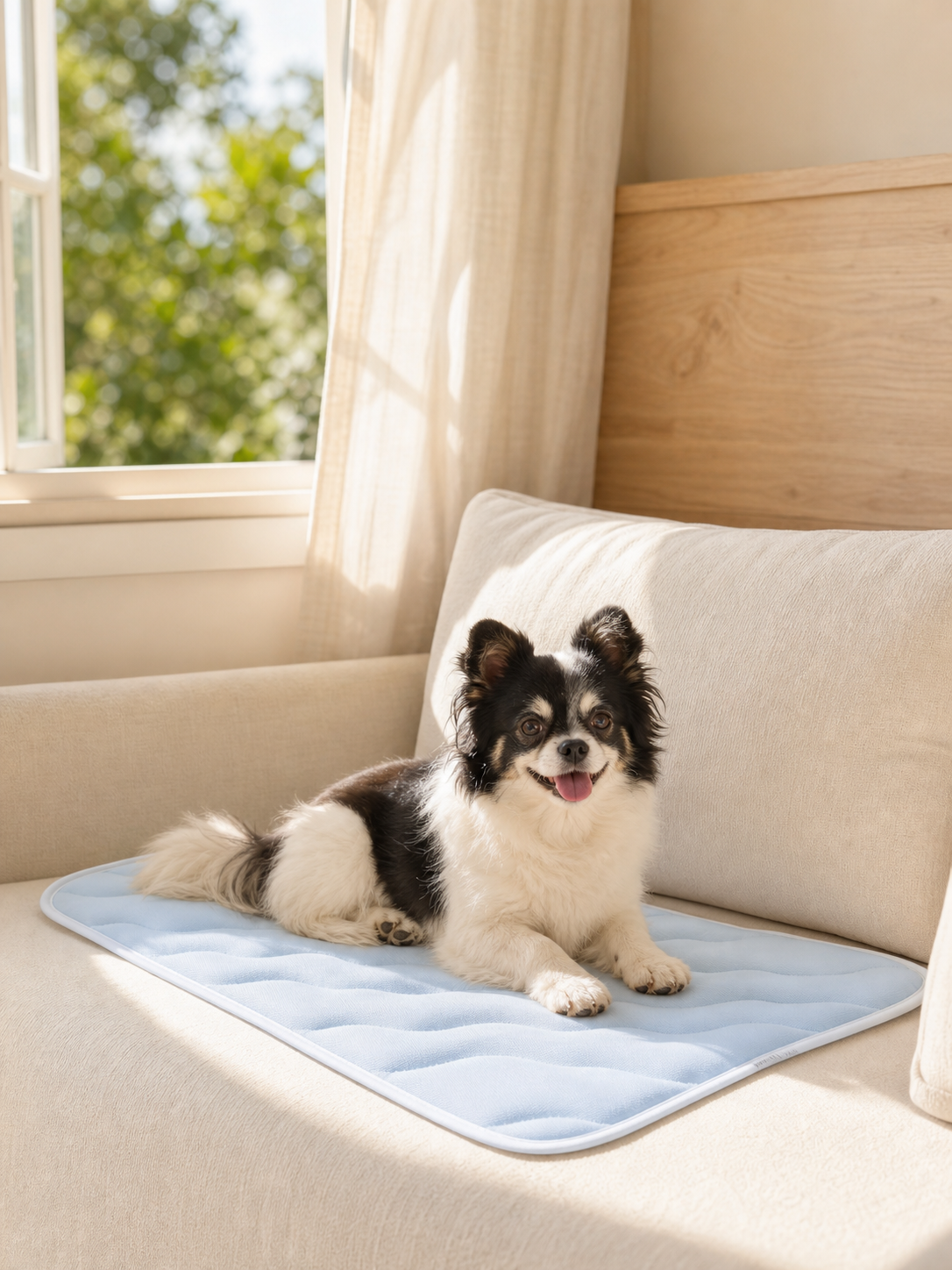 CoolRest pale blue cooling mat on a cream sofa with a small dog