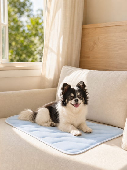 CoolRest pale blue cooling mat on a cream sofa with a small dog