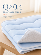 CoolRest Q greater than 0.4 cool-touch fabric with white piping and non-slip underside