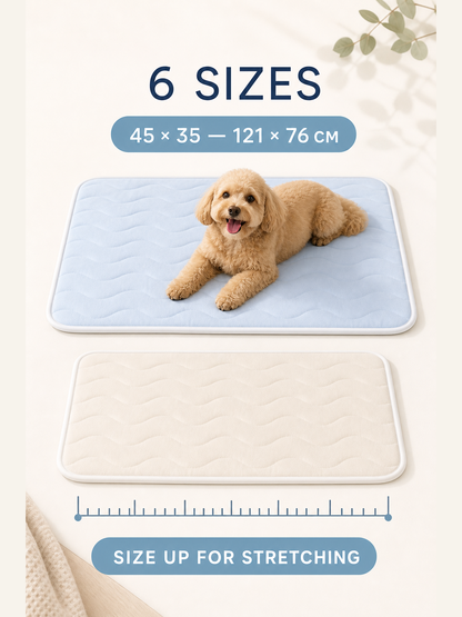 CoolRest pet cooling mat six-size range from 45 by 35 cm to 121 by 76 cm