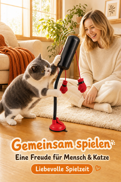 Cat and owner enjoying PawPunch interactive boxing toy together