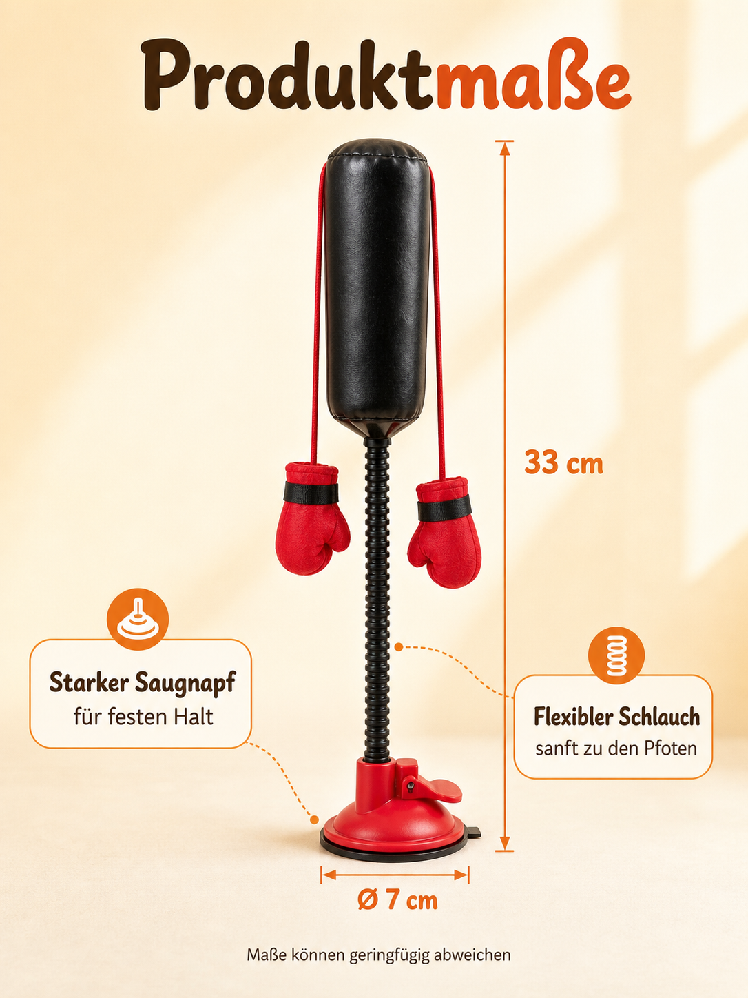 PawPunch cat boxing toy dimensions: approximately 33 cm high with 7 cm suction base