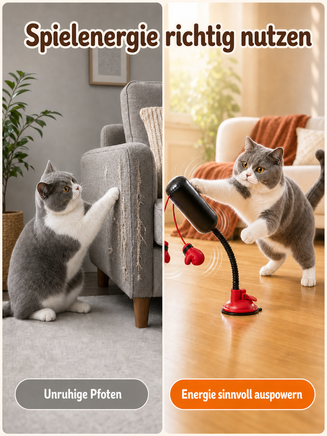 Cat using PawPunch flexible boxing toy for an active indoor play moment
