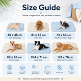 CoolRest pet cooling mat size guide with six centimeter sizes