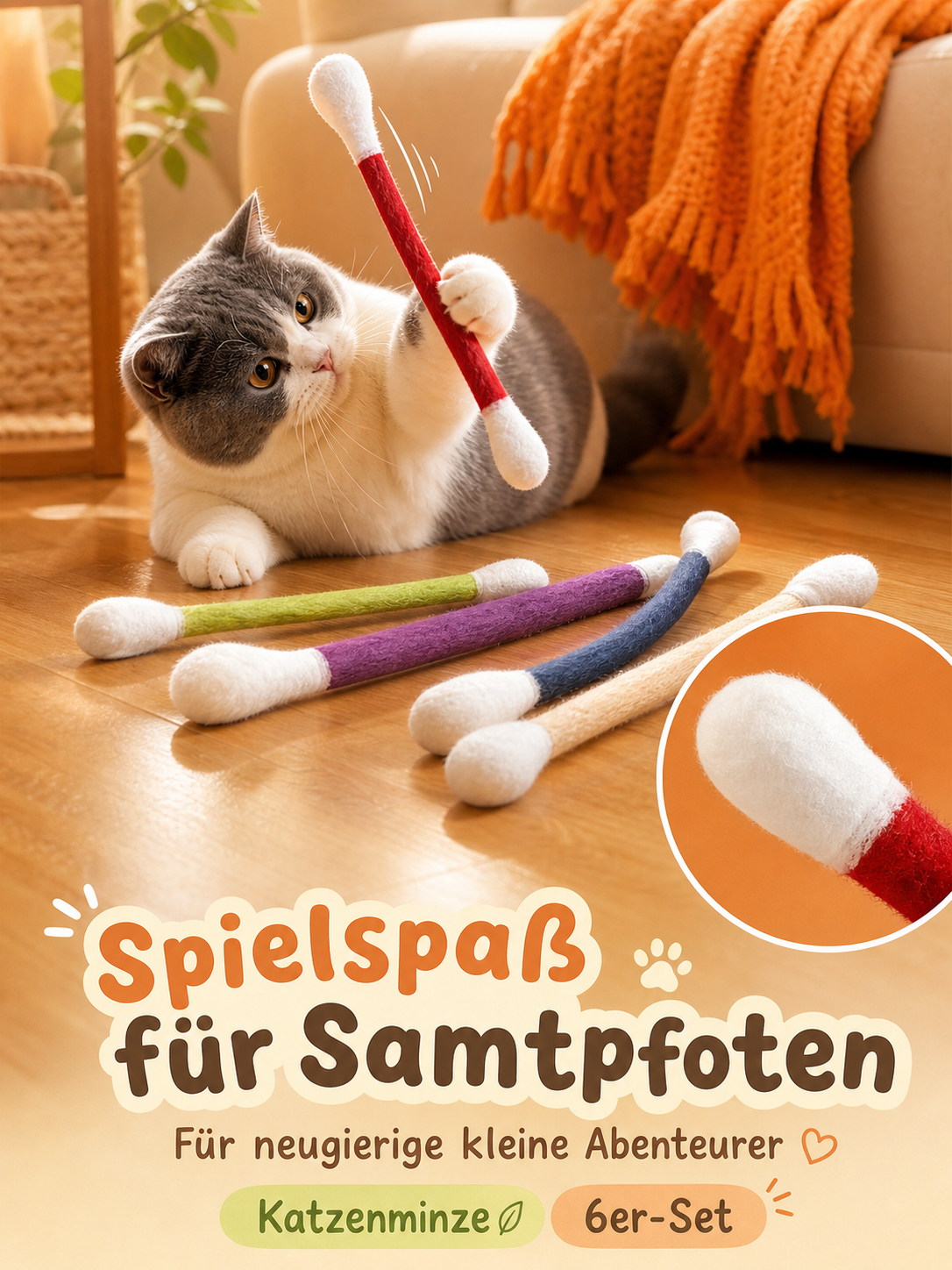 Katzenminze-Spielzeug in Wattestäbchen-Form – 6 Spielzeuge pro Packung