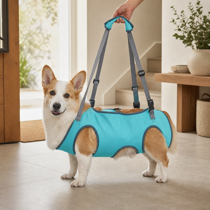 Premium lifestyle photo of full-body dog lifting harness